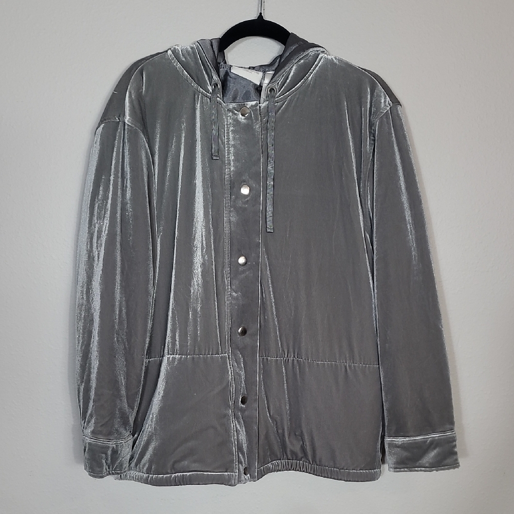Vintage Liz Claiborne Women Velvet Coat Size L Snap Button Pockets Hood Gray